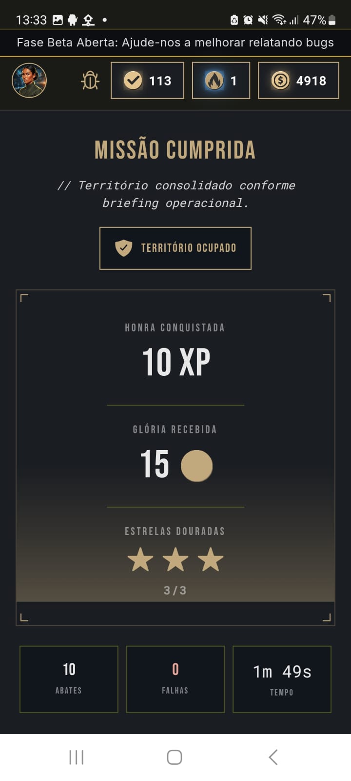 Tela de resultado do Questão de Guerra com três estrelas douradas